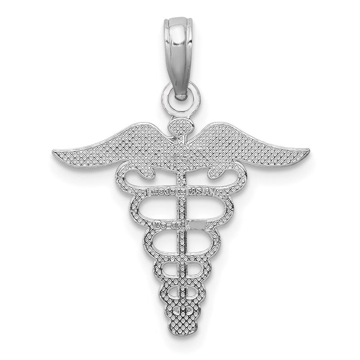 Million Charms 10K White Gold Themed Caduceus Pendant