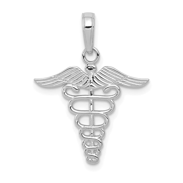 Million Charms 10K White Gold Themed Caduceus Pendant