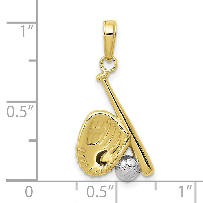 Million Charms 10K Yellow Gold Themed With Rhodium-plated Baseball, Bat, & Glove Pendant