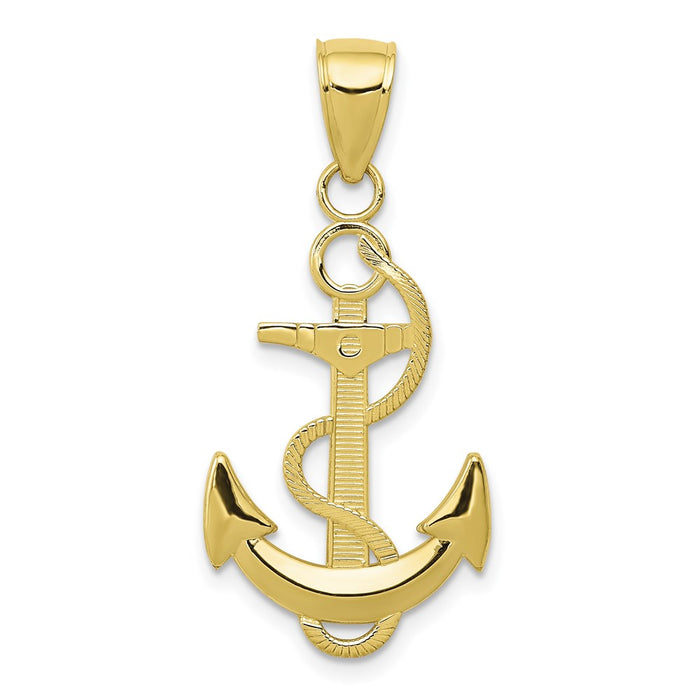 Million Charms 10K Yellow Gold Themed Polished Nautical Anchor With Textured Rope