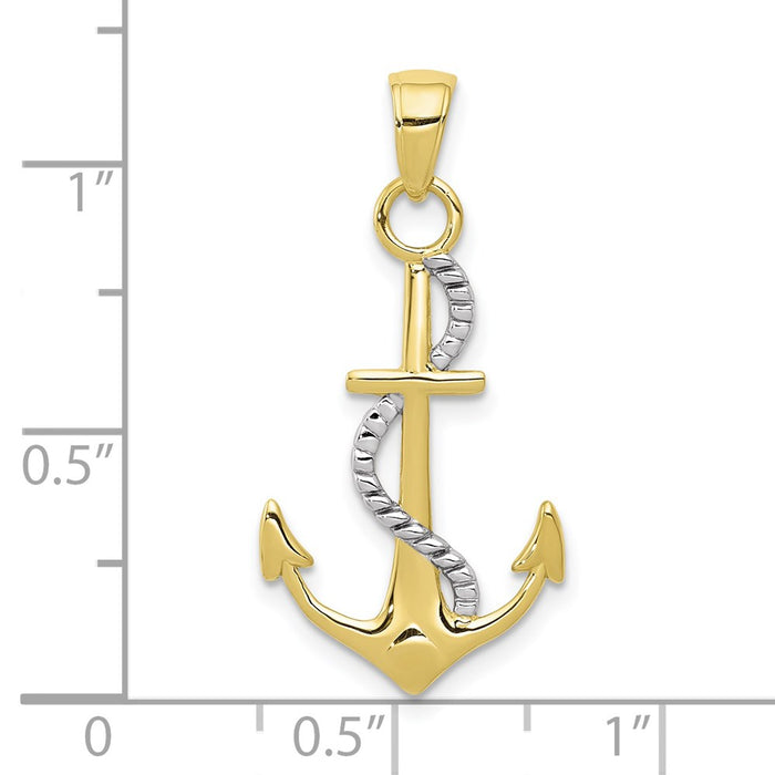 Million Charms 10K Yellow Gold Themed With Rhodium-plated Gold Themed Polished Nautical Anchor With Rope Pendant