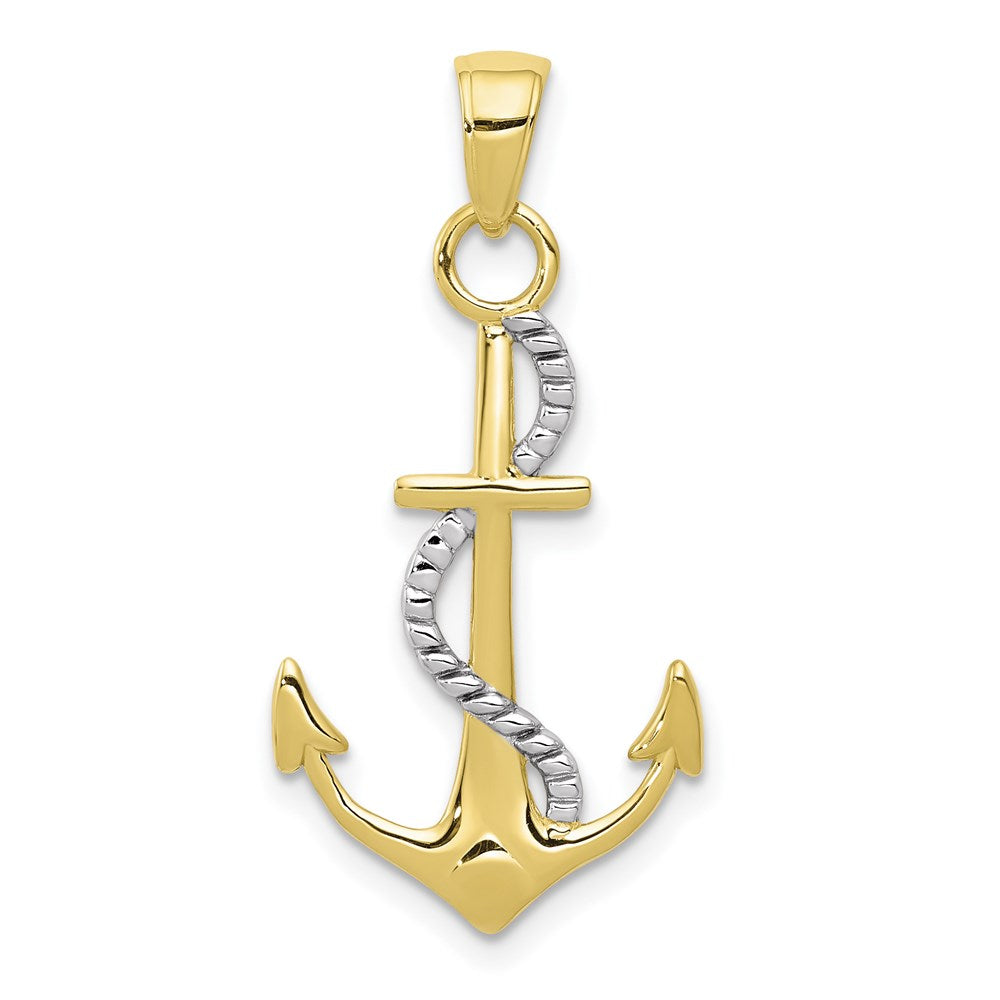 Million Charms 10K Yellow Gold Themed With Rhodium-plated Gold Themed Polished Nautical Anchor With Rope Pendant