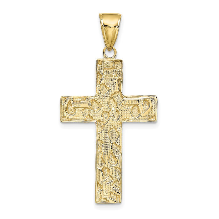 Million Charms 10K Yellow Gold Themed Gold Themed Polished, Textured Nugget Block Style Relgious Cross Pendant