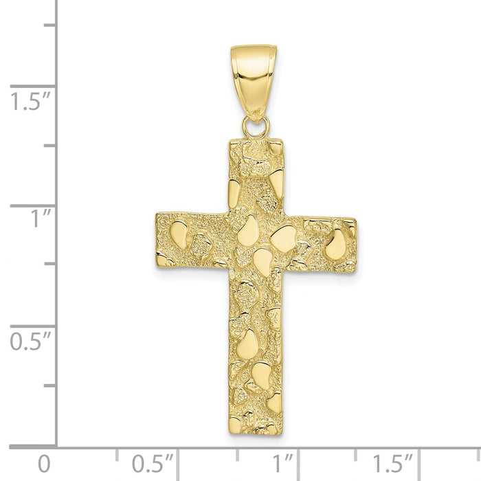 Million Charms 10K Yellow Gold Themed Gold Themed Polished, Textured Nugget Block Style Relgious Cross Pendant