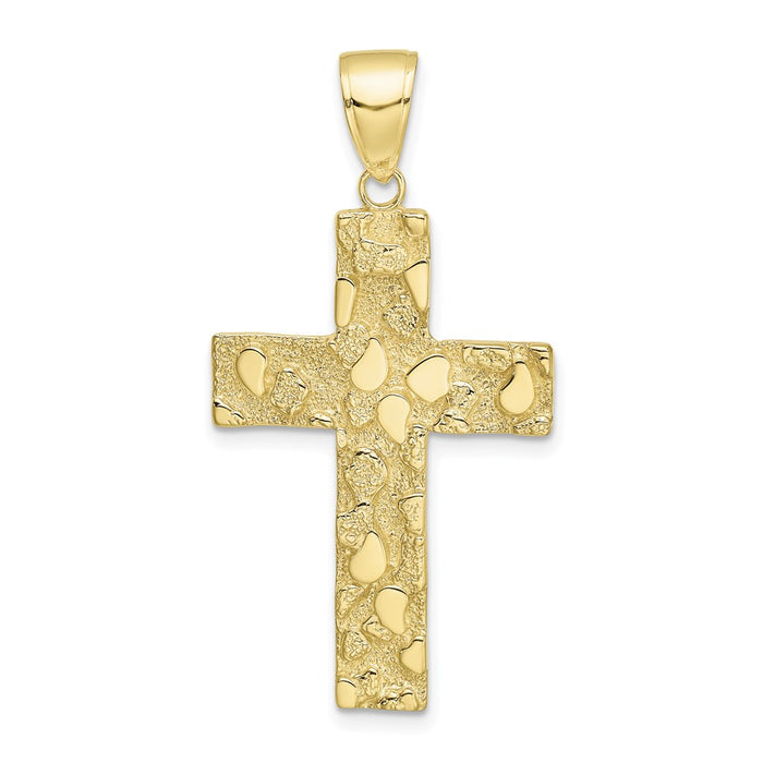 Million Charms 10K Yellow Gold Themed Gold Themed Polished, Textured Nugget Block Style Relgious Cross Pendant