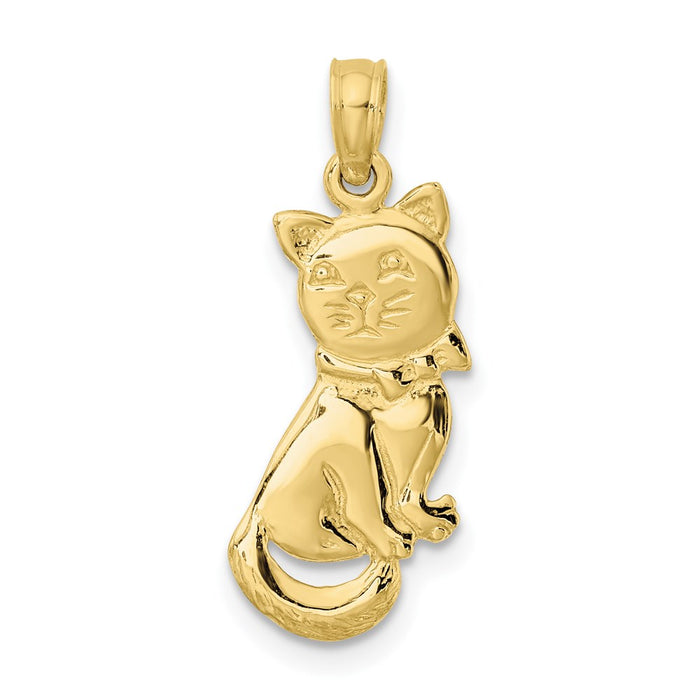 Million Charms 10K Yellow Gold Themed 3-D Polished & Bow Sitting Cat Charm