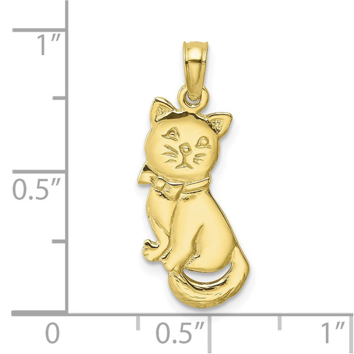 Million Charms 10K Yellow Gold Themed 3-D Polished & Bow Sitting Cat Charm