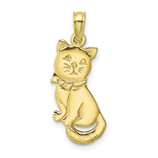 Million Charms 10K Yellow Gold Themed 3-D Polished & Bow Sitting Cat Charm
