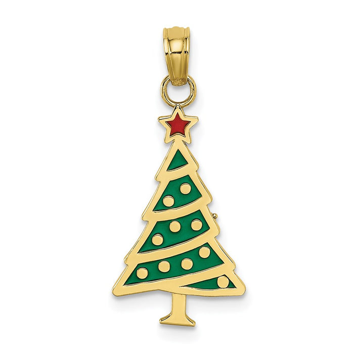 Million Charms 10K Yellow Gold Themed Enamel Green Christmas Tree With Red Star Charm