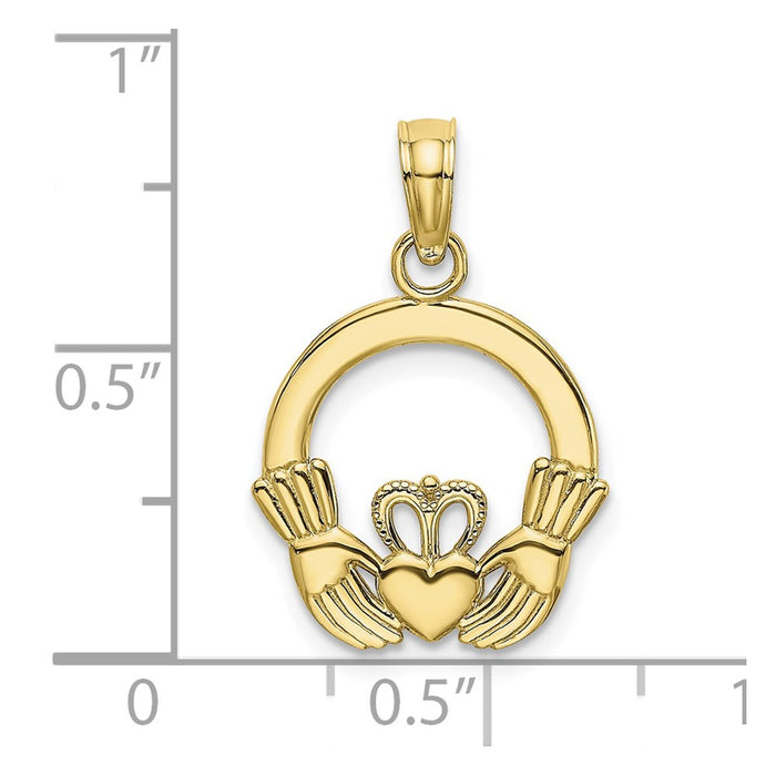 Million Charms 10K Yellow Gold Themed Polished & Textured Round Claddagh Charm