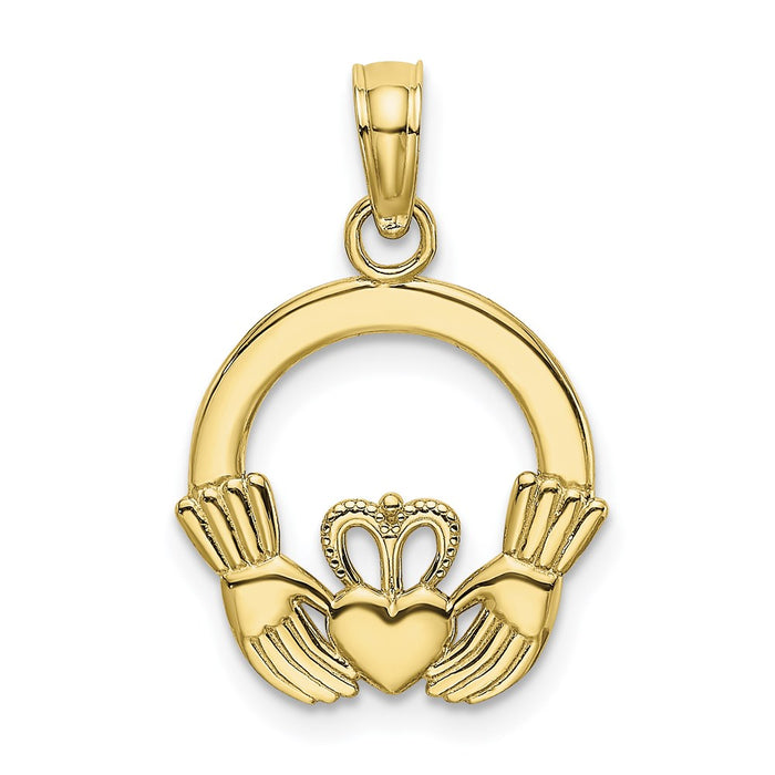 Million Charms 10K Yellow Gold Themed Polished & Textured Round Claddagh Charm