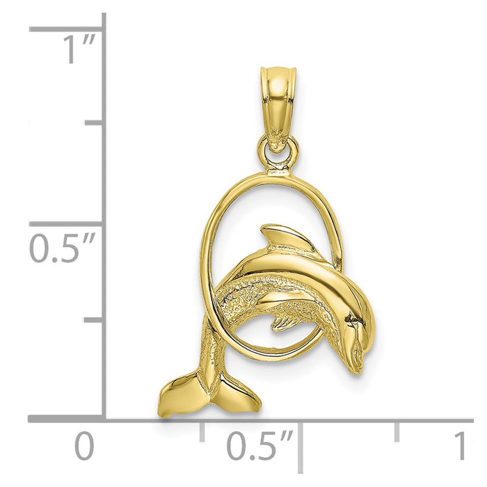 Million Charms 10K Yellow Gold Themed Polished Dolphin Jumping Through Hoop Charm