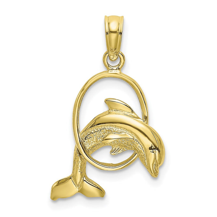 Million Charms 10K Yellow Gold Themed Polished Dolphin Jumping Through Hoop Charm