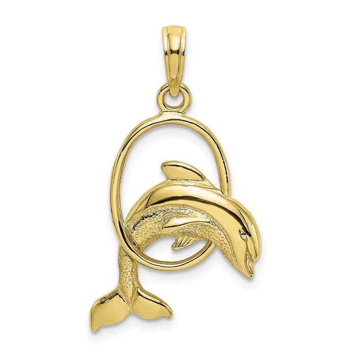 Million Charms 10K Yellow Gold Themed Polished Dolphin Jumping Through Hoop Charm