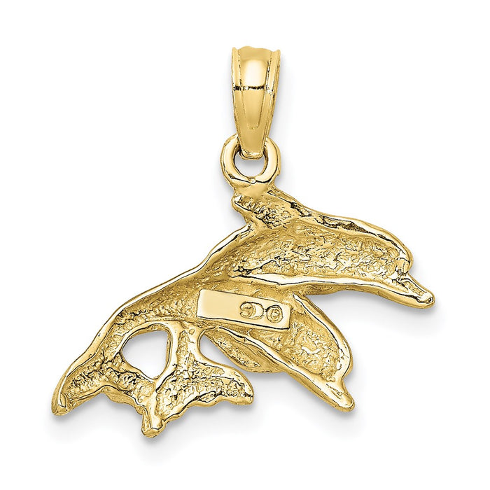 Million Charms 10K Yellow Gold Themed & Polished Double Dolphins Jumping Left Charm