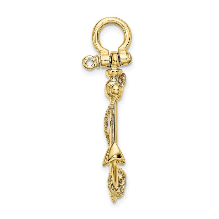 Million Charms 10K Yellow Gold Themed 3-D Nautical Anchor With Long T Bar & Shackle Bail Charm