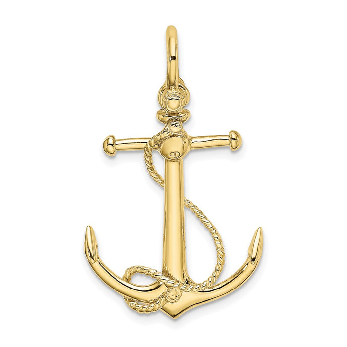 Million Charms 10K Yellow Gold Themed 3-D Nautical Anchor With Long T Bar & Shackle Bail Charm