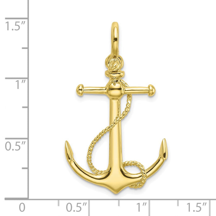 Million Charms 10K Yellow Gold Themed 3-D Nautical Anchor With Long T Bar & Shackle Bail Charm