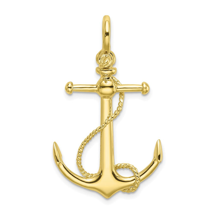 Million Charms 10K Yellow Gold Themed 3-D Nautical Anchor With Long T Bar & Shackle Bail Charm