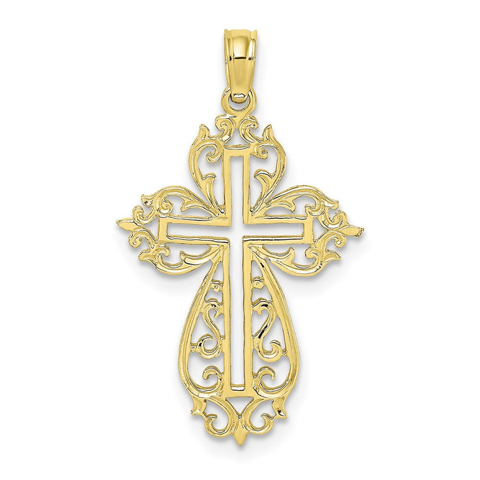 Million Charms 10K Yellow Gold Themed Cut-Out Scroll Framed Relgious Cross Charm