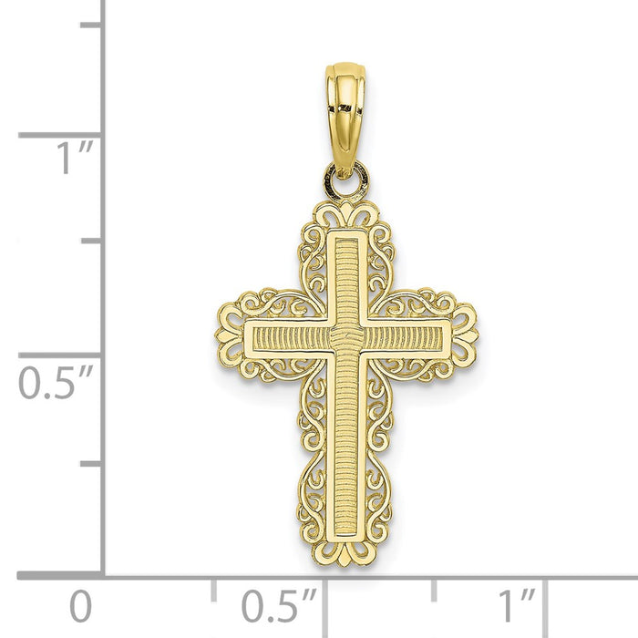 Million Charms 10K Yellow Gold Themed Textured With Lace Trim Relgious Cross Charm