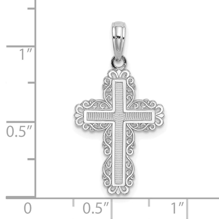 Million Charms 10K White Gold Themed Textured With Lace Trim Relgious Cross Charm