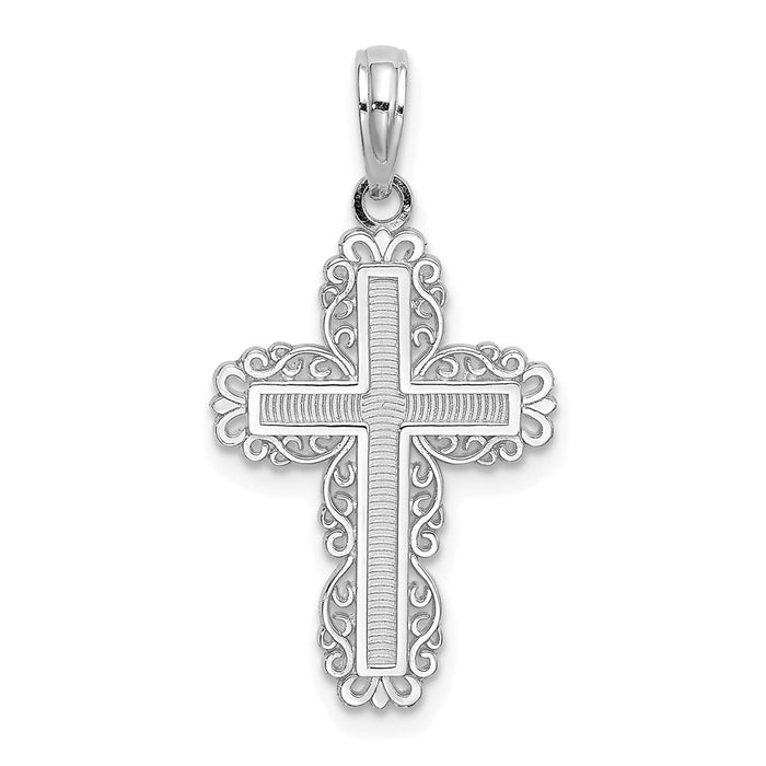 Million Charms 10K White Gold Themed Textured With Lace Trim Relgious Cross Charm