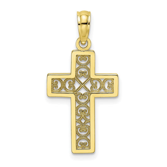 Million Charms 10K Yellow Gold Themed Textured Lace Center Relgious Cross Charm