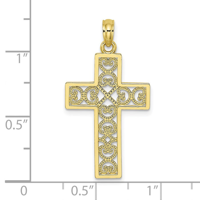 Million Charms 10K Yellow Gold Themed Textured Lace Center Relgious Cross Charm