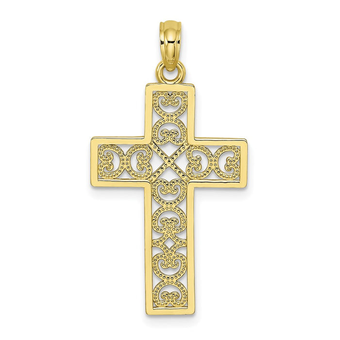 Million Charms 10K Yellow Gold Themed Textured Lace Center Relgious Cross Charm