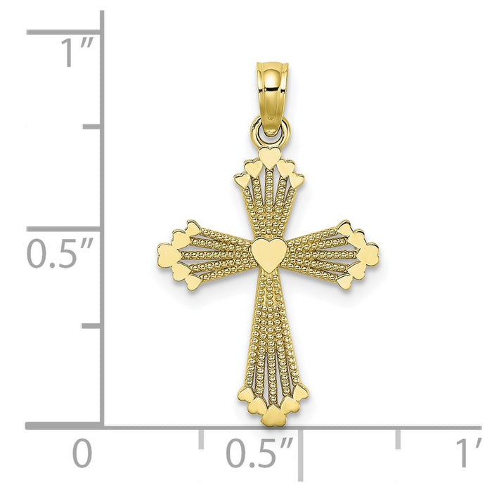 Million Charms 10K Yellow Gold Themed Cut-Out Stripes Relgious Cross With Heart Charm