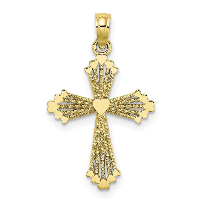 Million Charms 10K Yellow Gold Themed Cut-Out Stripes Relgious Cross With Heart Charm