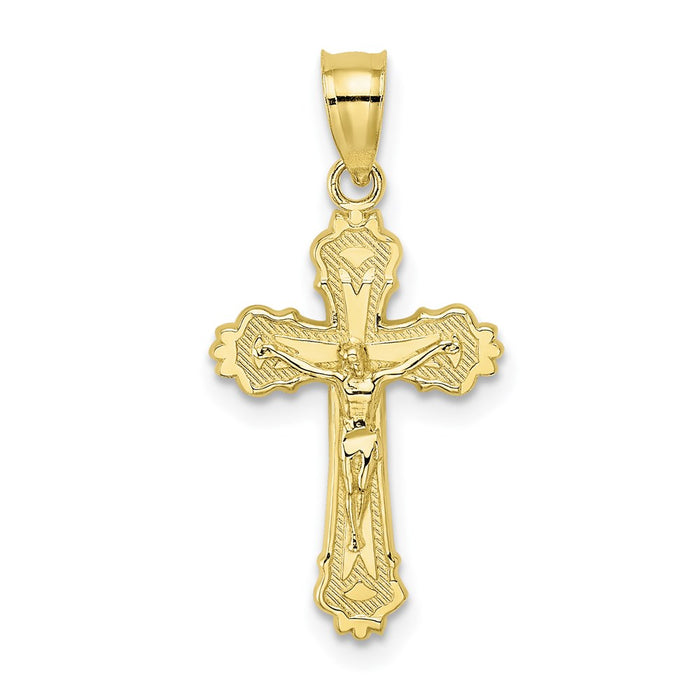 Million Charms 10K Yellow Gold Themed With Textured Scalloped Edge Relgious Crucifix Charm