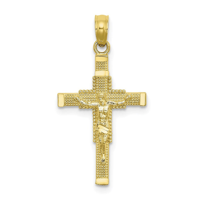 Million Charms 10K Yellow Gold Themed Beaded Accent With Relgious Cross Behind Relgious Crucifix Charm