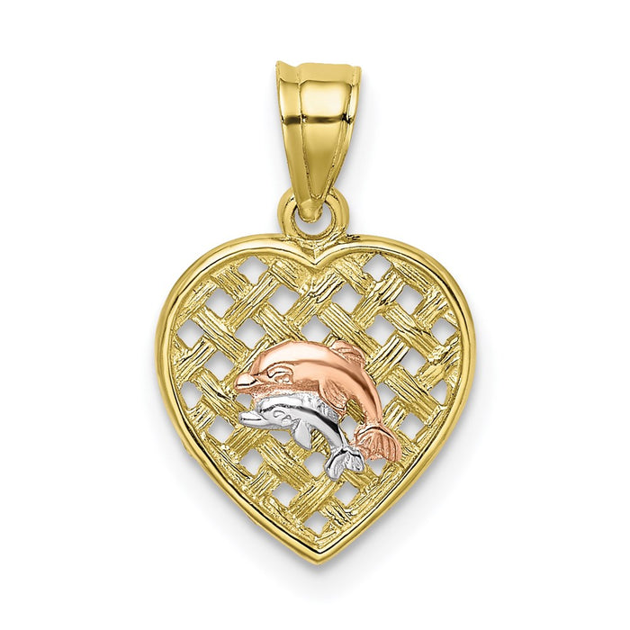 Million Charms 10K Tri-Color Double Dolphins On Woven Heart Charm