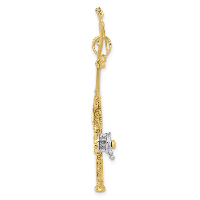 Million Charms 10K Yellow Gold Themed, Rhodium-plated 3-D Moveable Fishing Pole With Reel Pendant