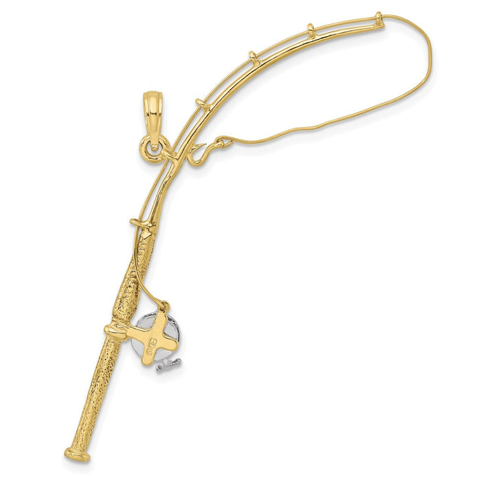 Million Charms 10K Yellow Gold Themed, Rhodium-plated 3-D Moveable Fishing Pole With Reel Pendant