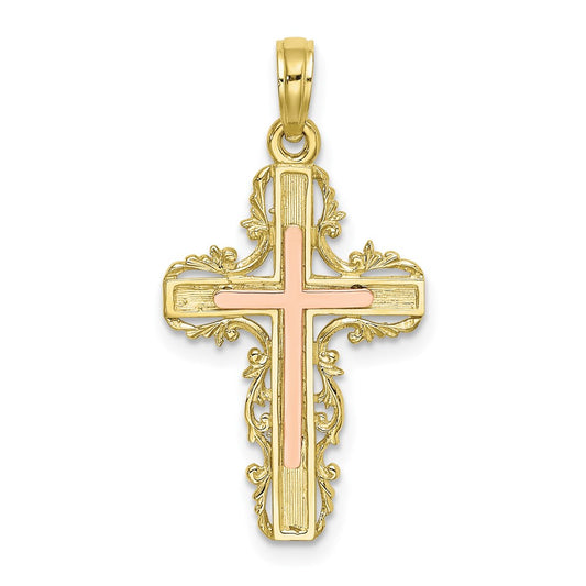 Million Charms 10K Two-Tone With Lace Trim Relgious Cross Charm