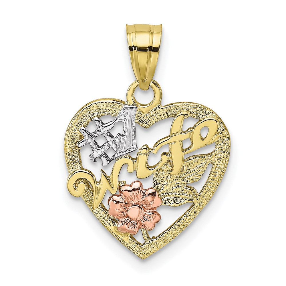 Million Charms 10K Two-Tone With Rhodium-Plated #1 Wife In Heart With Flower Charm