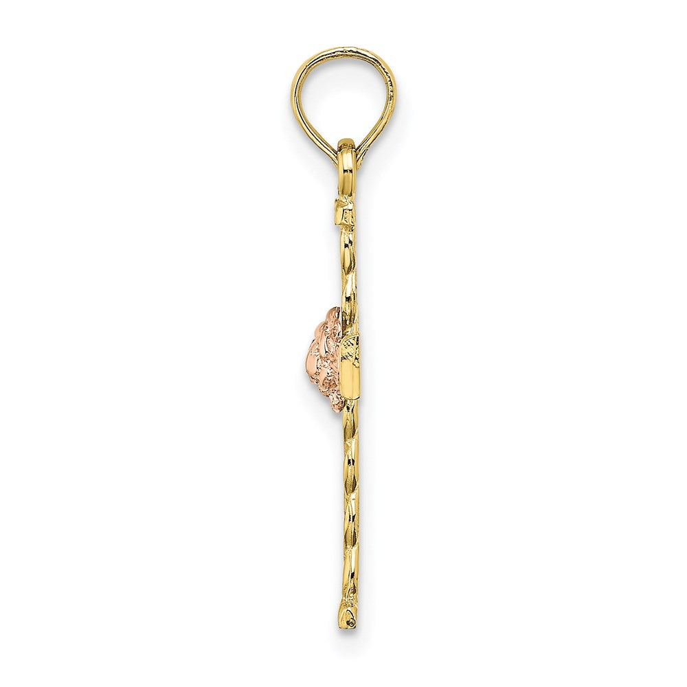 Million Charms 10K Two-Tone Twisted Relgious Cross With Flower Charm