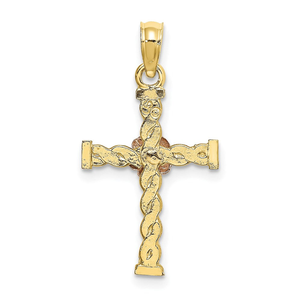 Million Charms 10K Two-Tone Twisted Relgious Cross With Flower Charm