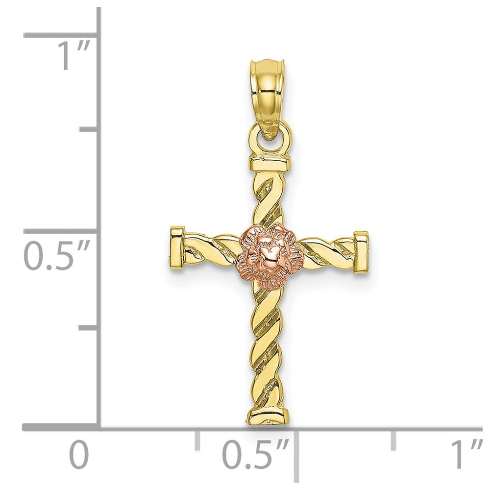Million Charms 10K Two-Tone Twisted Relgious Cross With Flower Charm