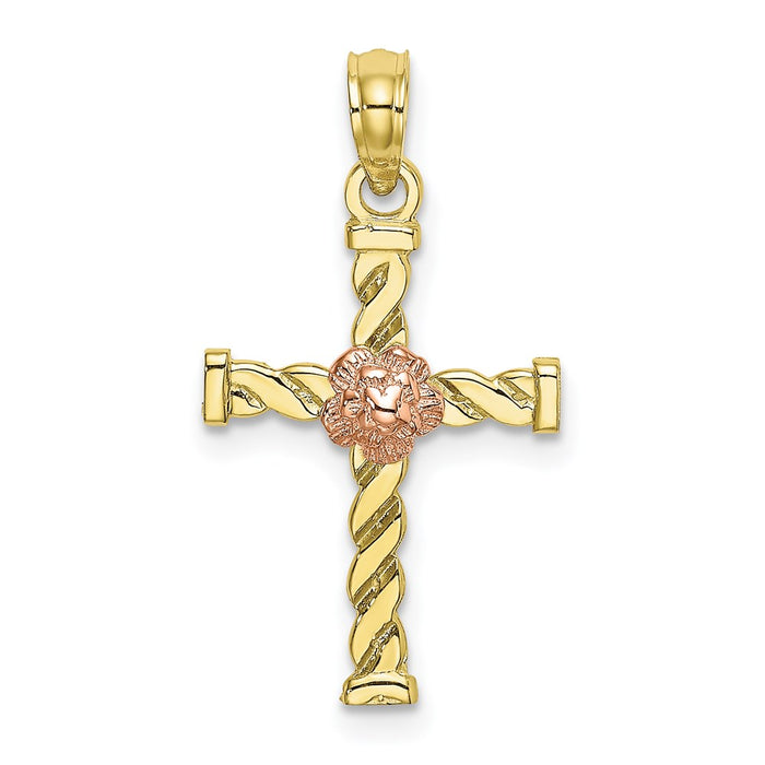 Million Charms 10K Two-Tone Twisted Relgious Cross With Flower Charm