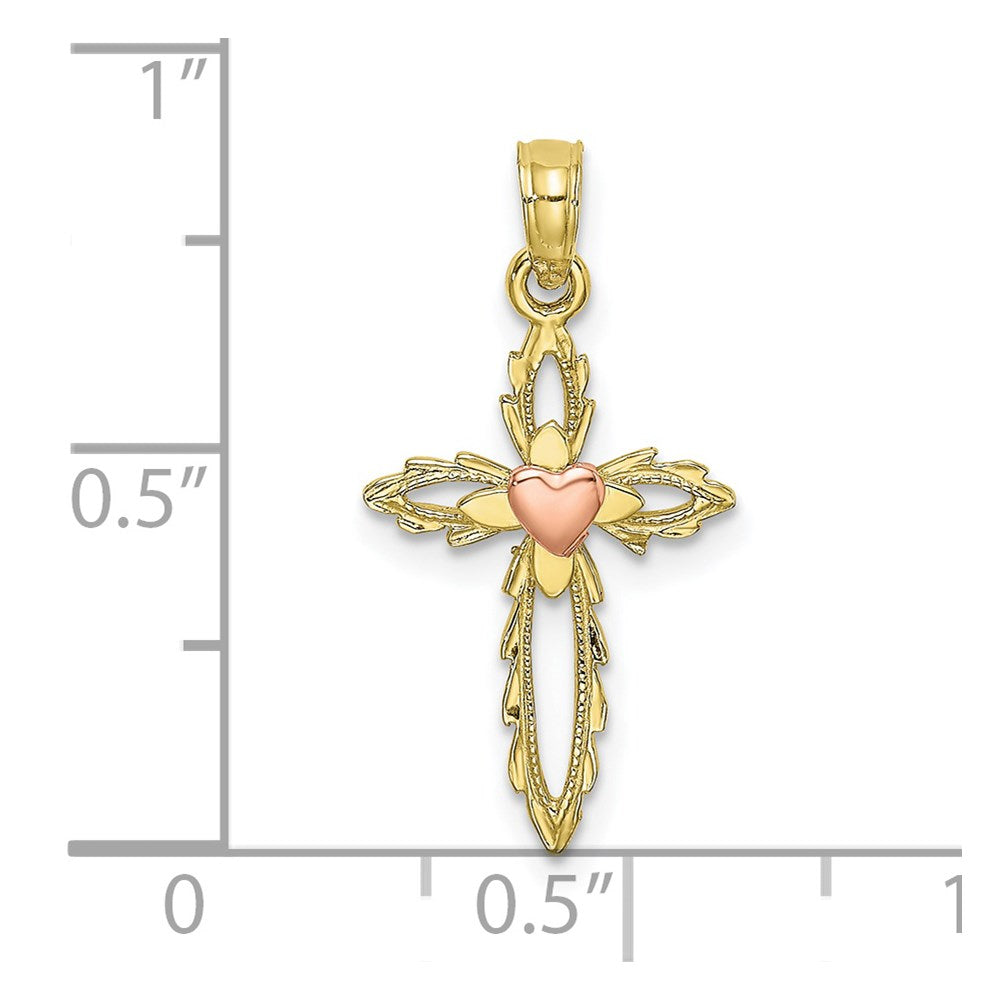 Million Charms 10K Two-Tone Relgious Cross With Heart Charm