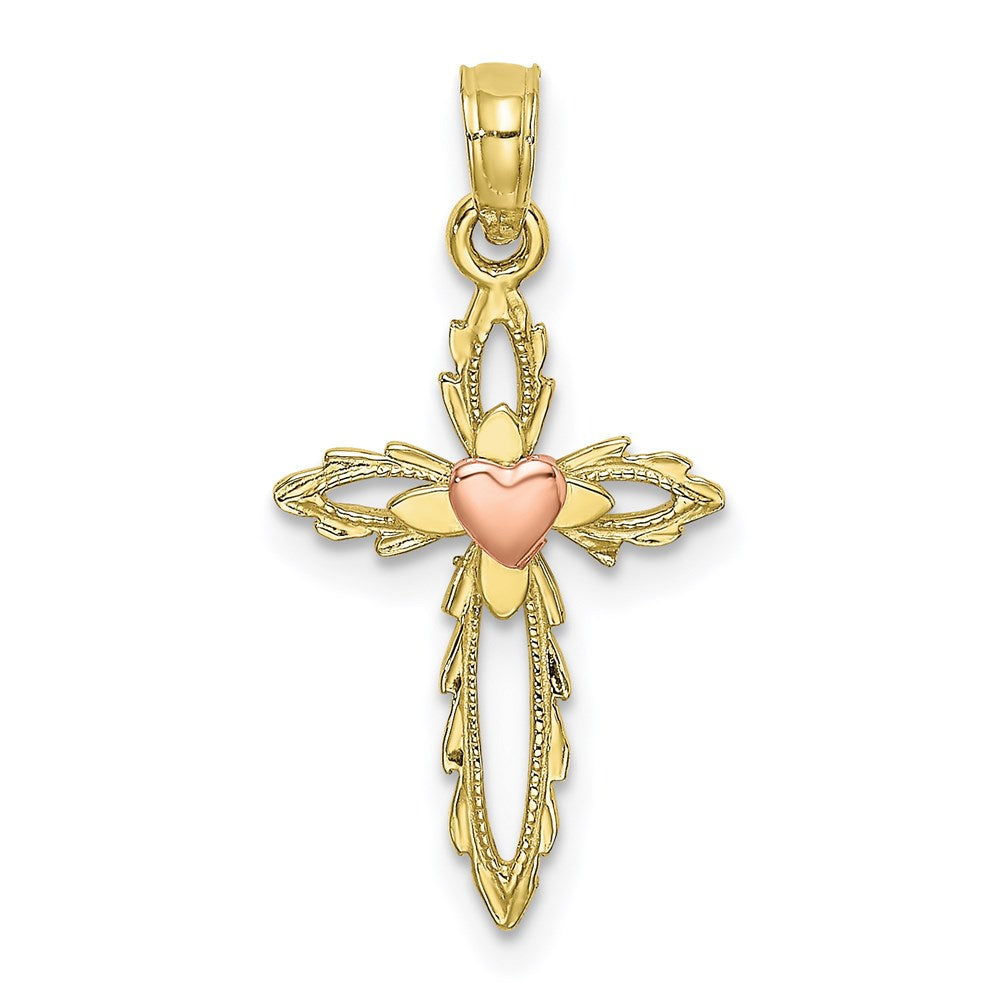 Million Charms 10K Two-Tone Relgious Cross With Heart Charm