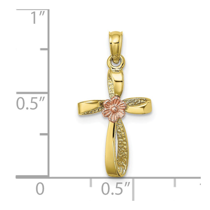 Million Charms 10K Two-Tone Twisted Relgious Cross With Heart Charm