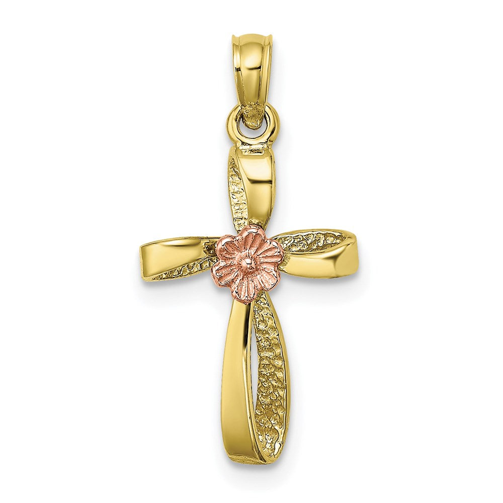 Million Charms 10K Two-Tone Twisted Relgious Cross With Heart Charm