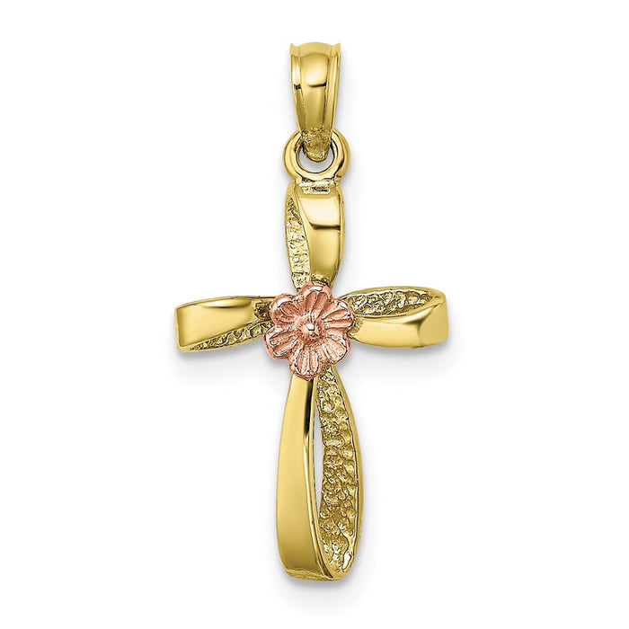 Million Charms 10K Two-Tone Twisted Relgious Cross With Heart Charm