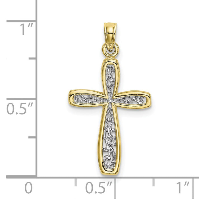 Million Charms 10K Yellow Gold Themed With Rhodium-Plated Filigree Relgious Cross Charm