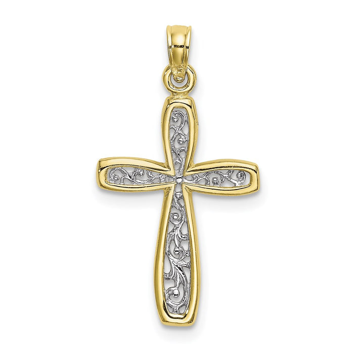 Million Charms 10K Yellow Gold Themed With Rhodium-Plated Filigree Relgious Cross Charm